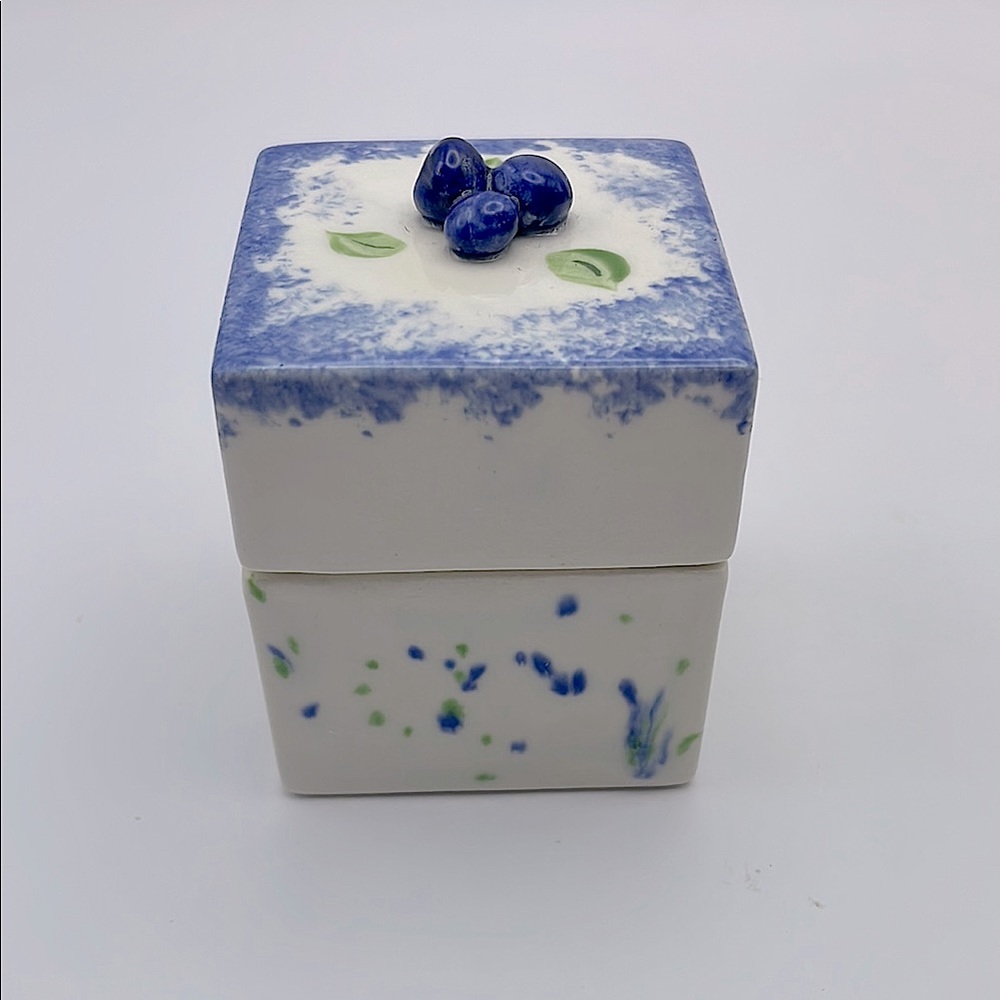 Handmade, Ceramic, 2 pc Mini Trinket Box, Blueberries with Green/Blue Accents